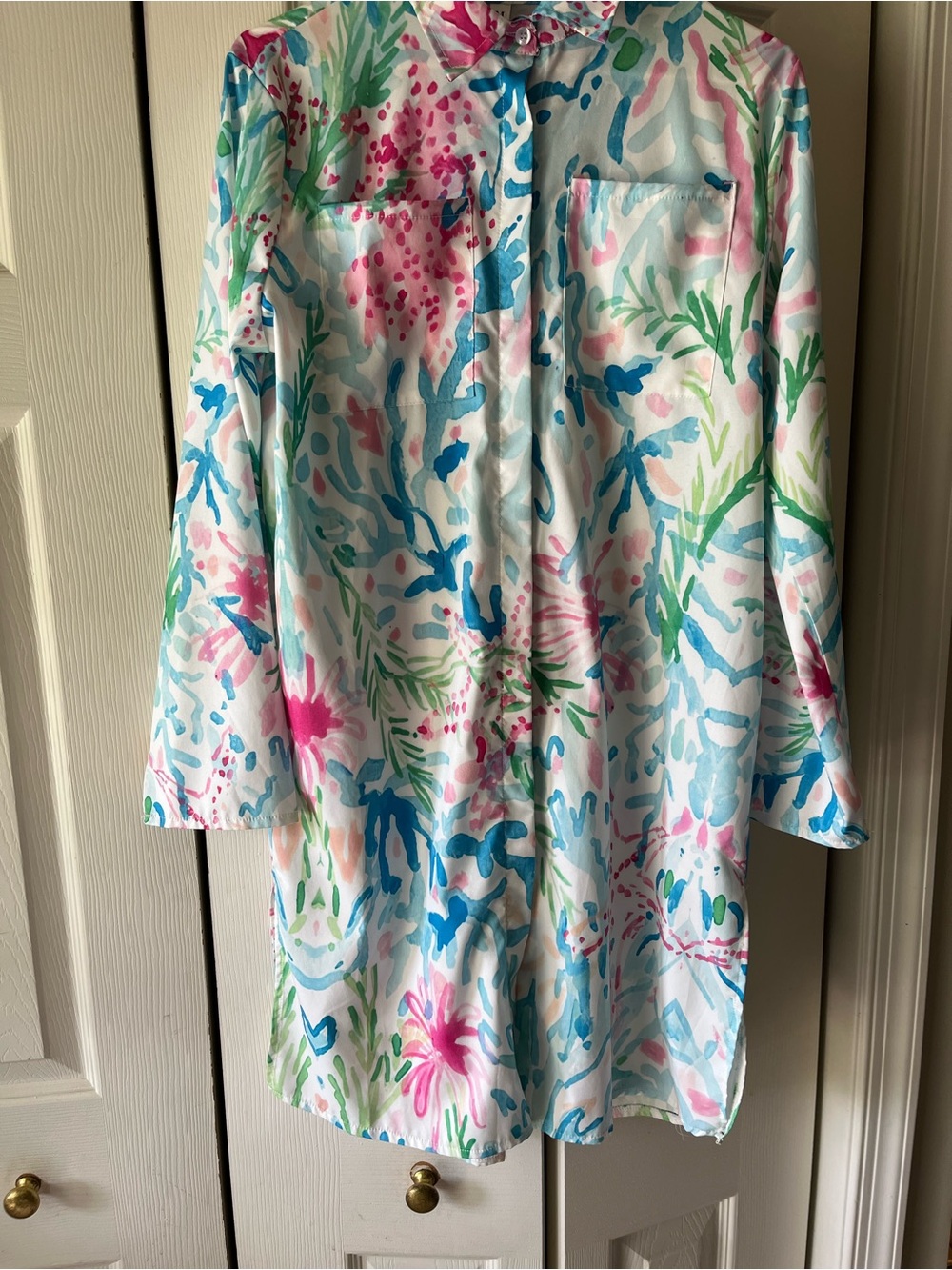 White Floral Watercolor Button-Front Swim Coverup - Pink, Blue & Green